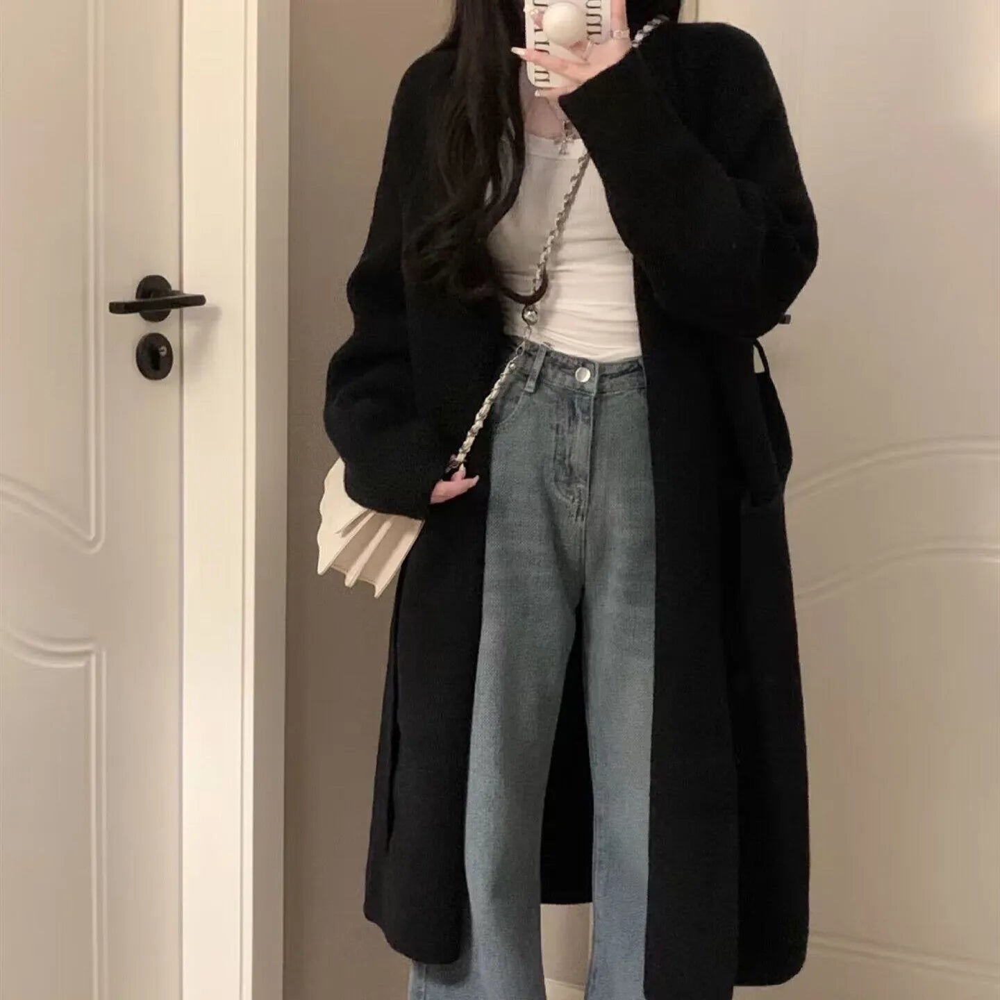 Women's loose thick chenille cardigan sweater with 3D knit pattern in dark grey