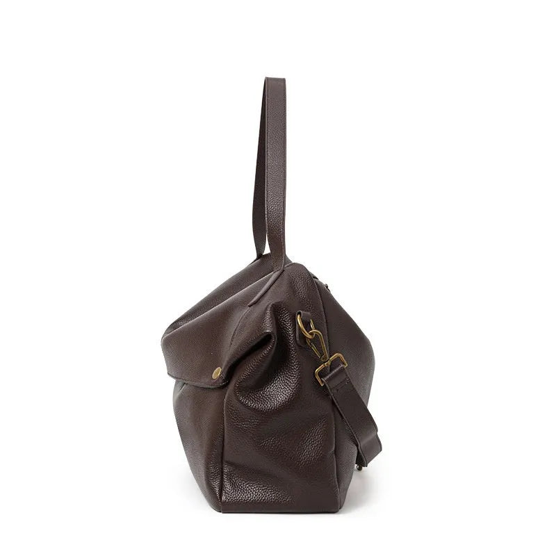 Brown genuine leather women's shoulder bag with horizontal square shape and interior organisation compartments