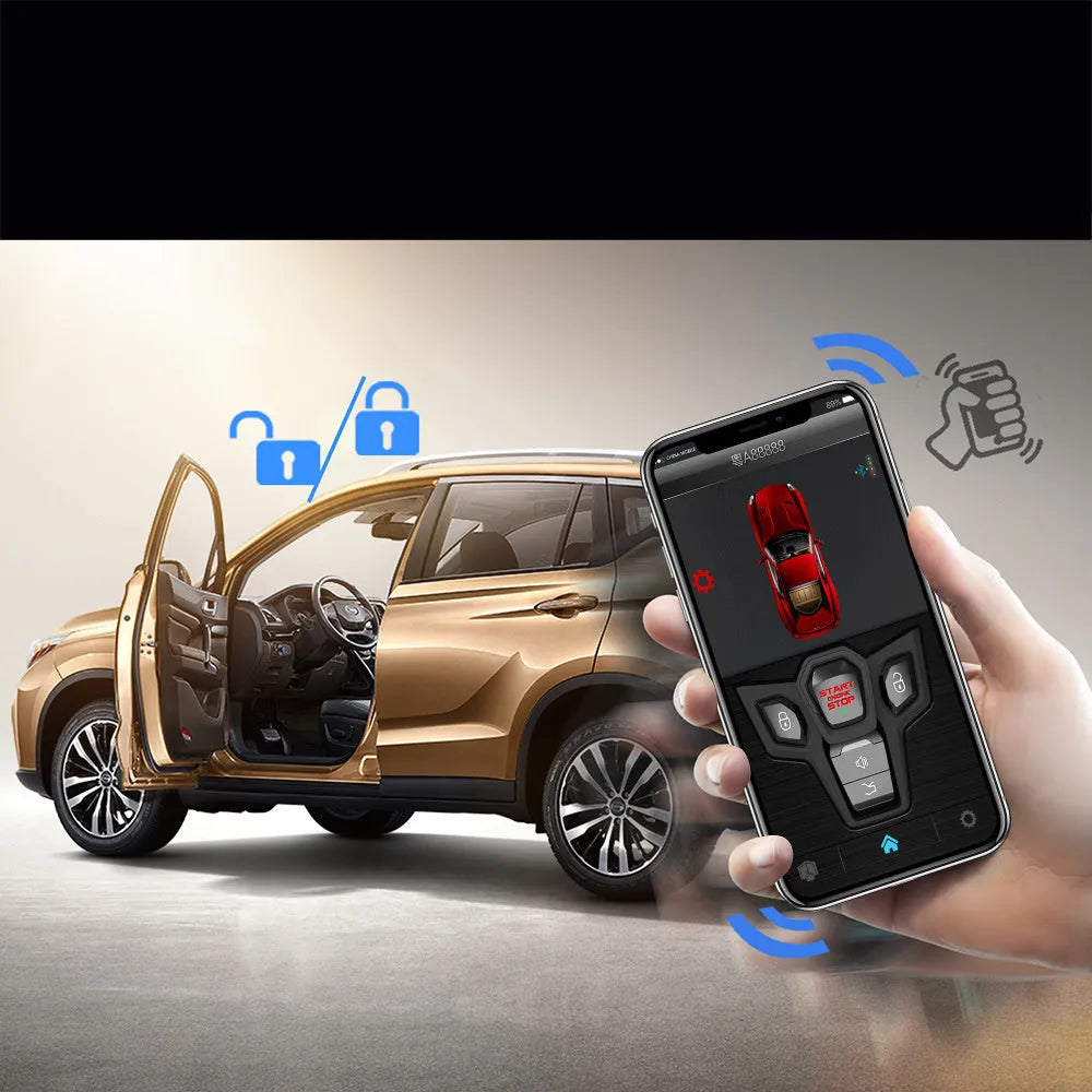 One-way car alarm system with red and frosted black casing, includes two remote controls for 3000 metre vehicle security