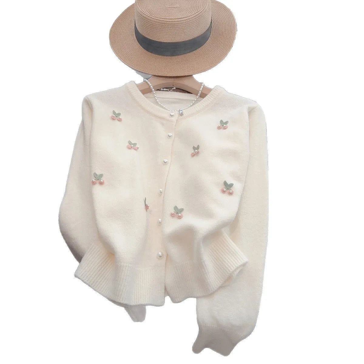 Pink nylon cashmere slim fit cardigan coat with beaded details and a round neck.