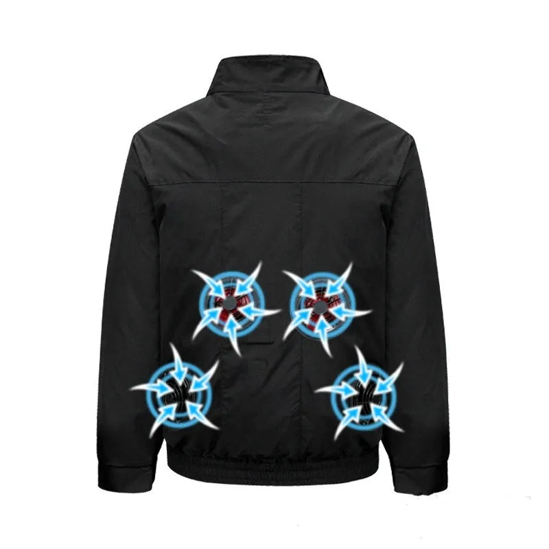 Man's black cooling work jacket with chest ventilation holes for a fan on a mannequin.