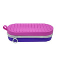 Silicone glasses case in multiple colours, showing long hand shape and scale next to a pair of spectacles.