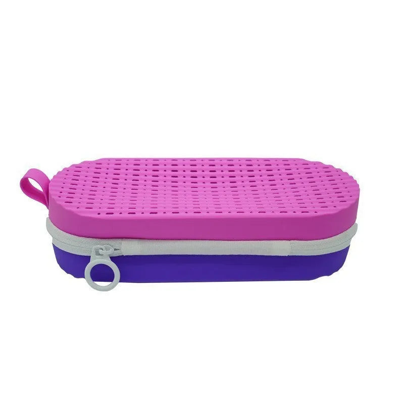 Silicone glasses case in multiple colours, showing long hand shape and scale next to a pair of spectacles.