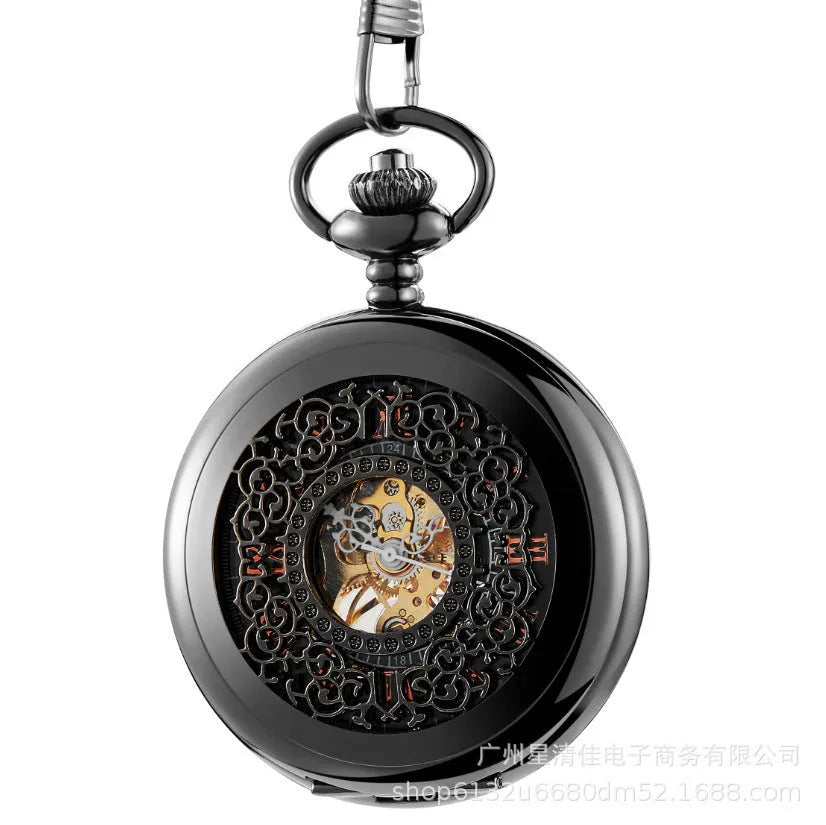Retro floral print automatic mechanical pocket watch with transparent case back in gold finish.