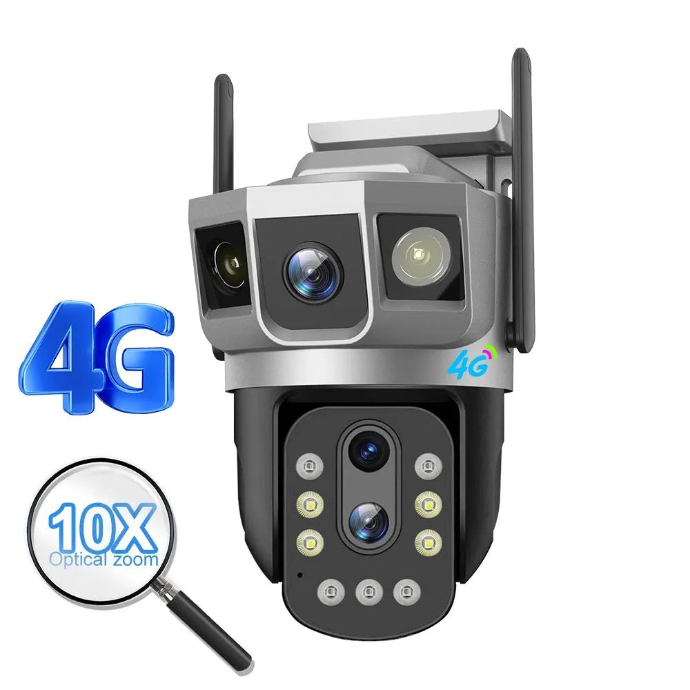 V380 4G outdoor smart monitor camera with triple-screen display showing multiple camera feeds