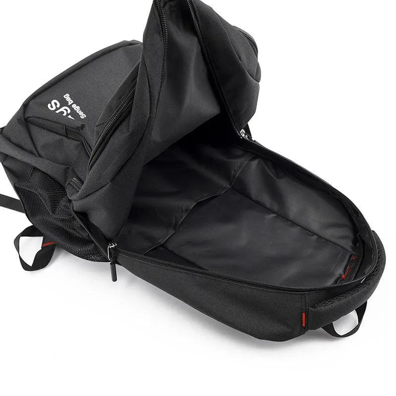 Black nylon travel backpack showing front view and open compartment with laptop sleeve.