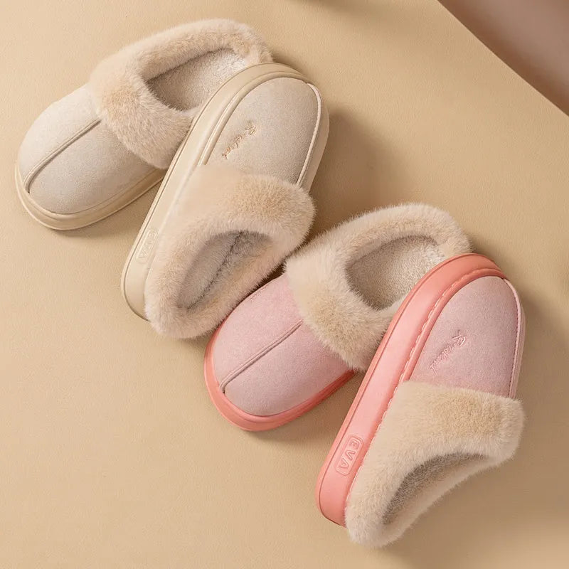 Fluffy winter slippers in gray with non-slip PVC sole, suitable for indoor home wear by men and women