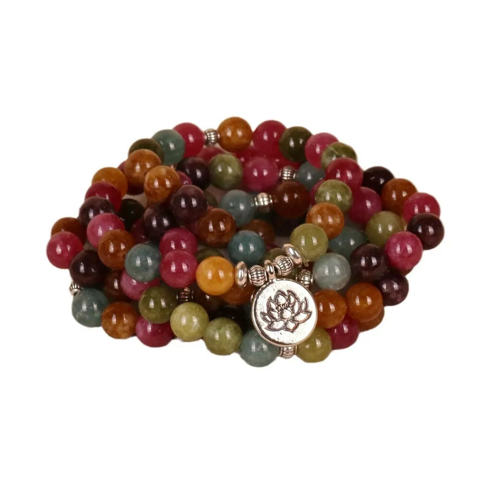 108 bead multi-layer bracelet with lotus charm in tourmaline colour alloy material