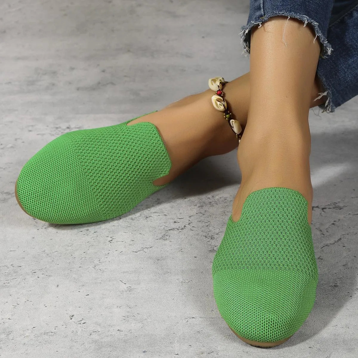Mesh slip-on sandals in apricot, blue, or green with round toe and flat rubber sole