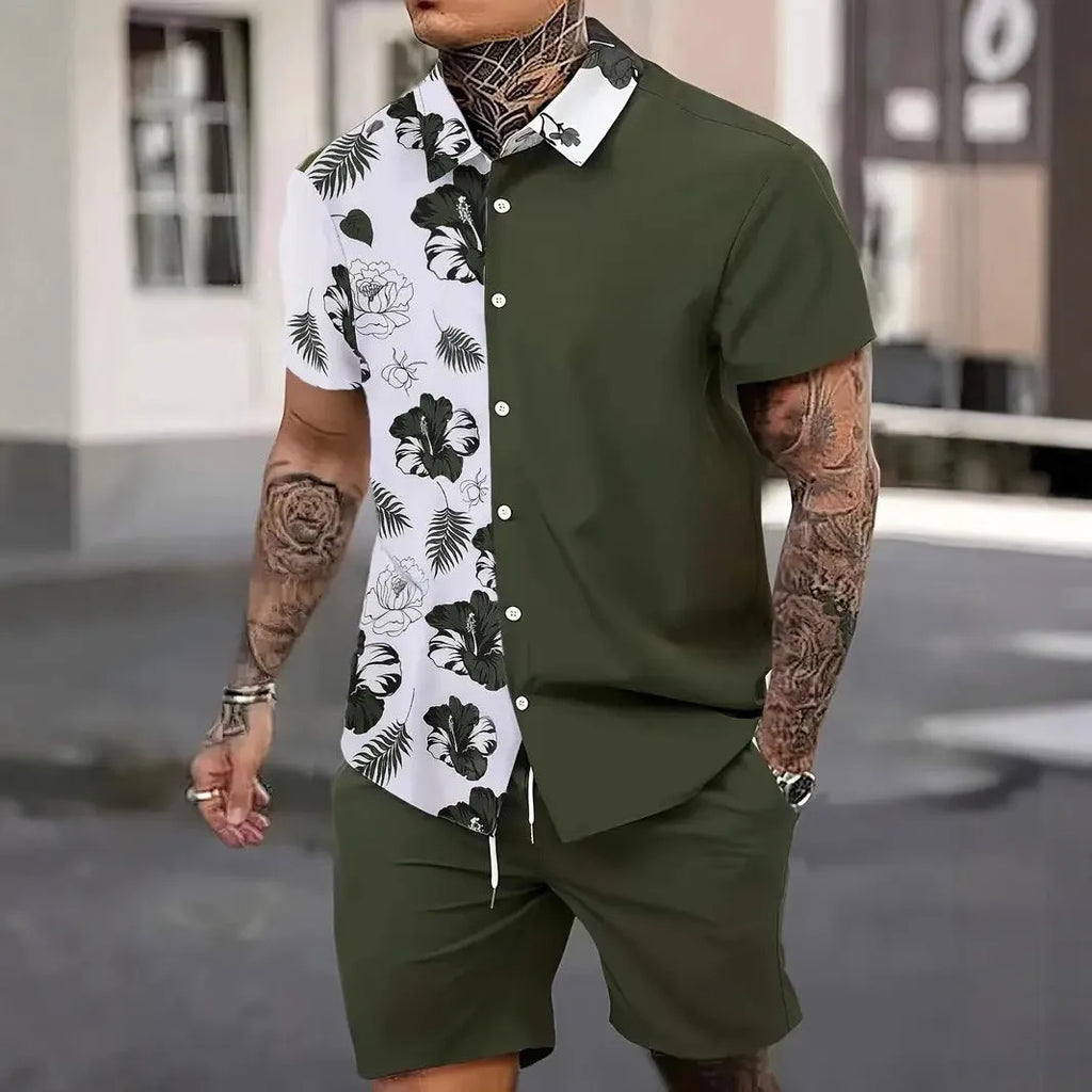 Men's 3D printed Hawaii-style short sleeve top and matching shorts casual summer suit