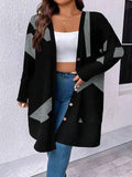 Black plus size loose knit cardigan coat with button front and stitching details