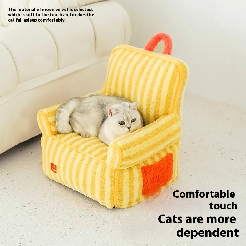 Striped soft velvet pet bed for small dogs with removable washable cover in orange colour
