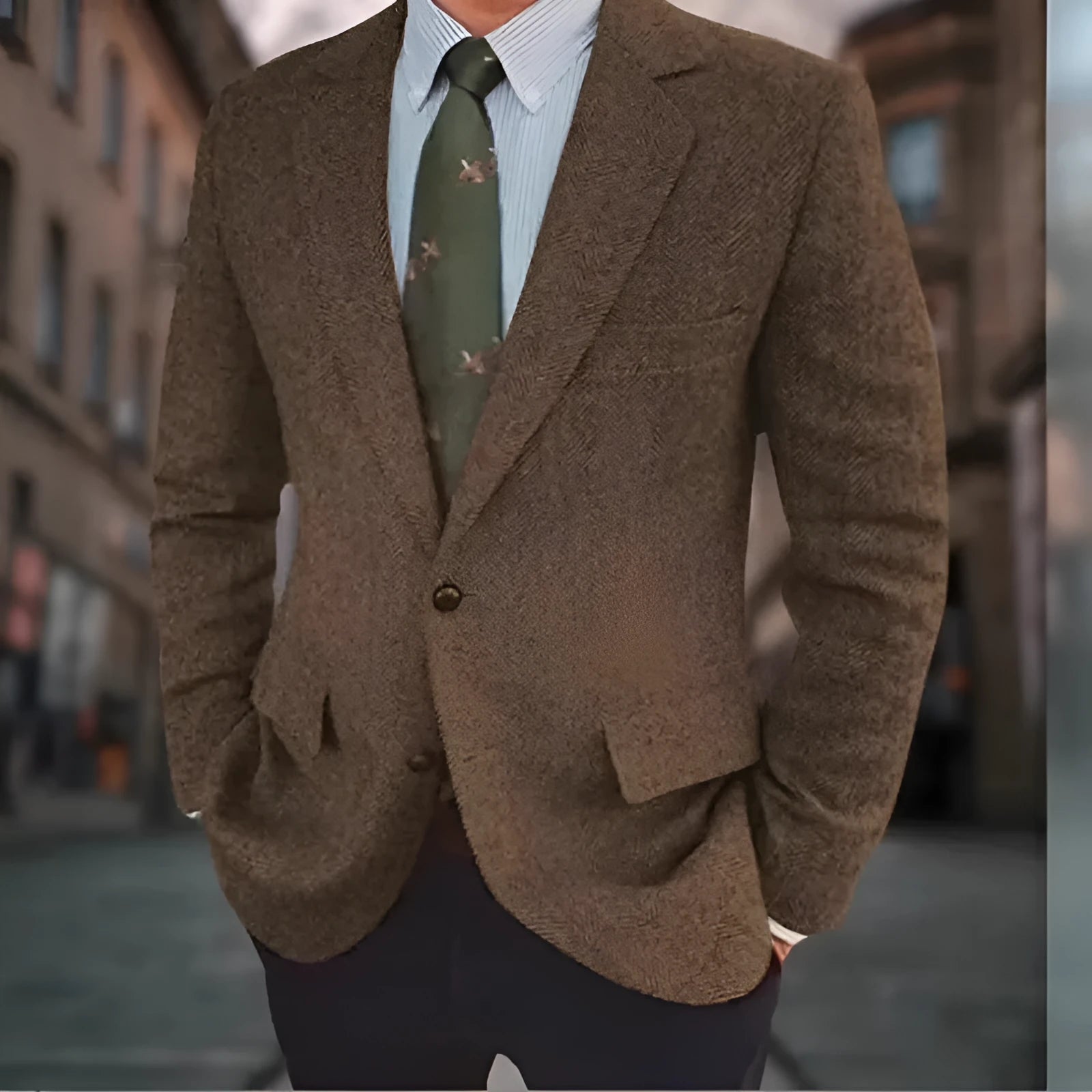 Men's brown herringbone business casual jacket with long sleeves and retro styling