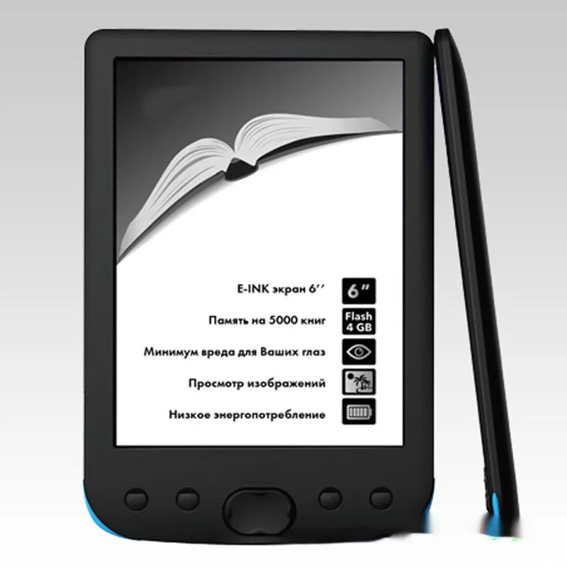 Black 6-inch E-ink screen e-book reader showing book display interface