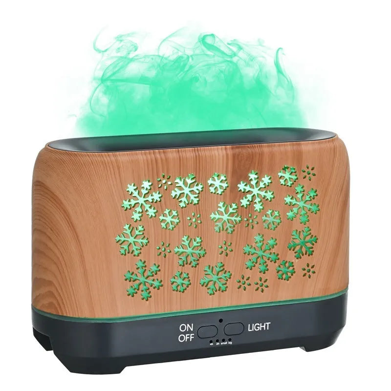 Square Christmas snowflake pattern aromatherapy diffuser with colourful flame effect lighting