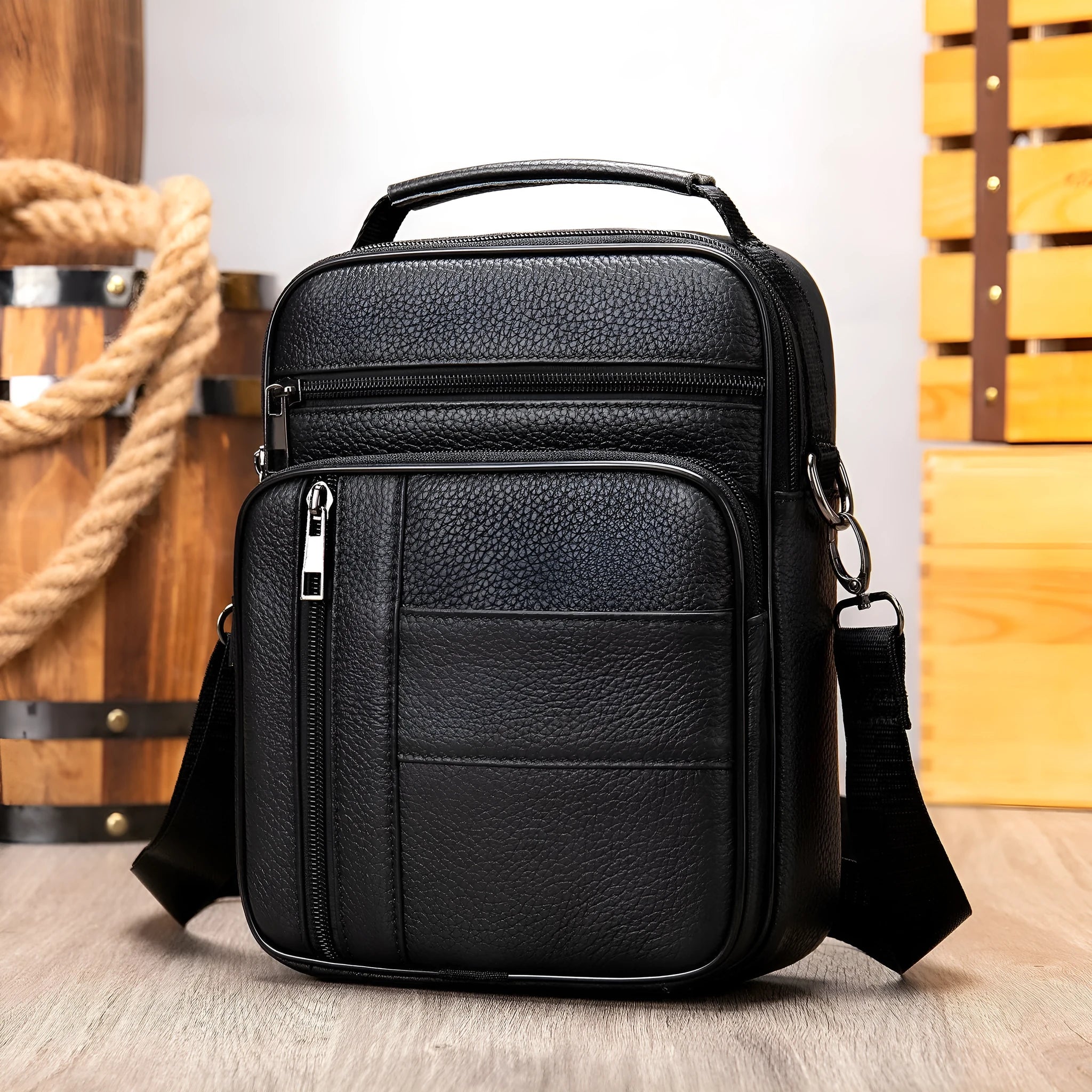 Men's vintage brown genuine cowhide leather vertical square shoulder bag with a zipper.