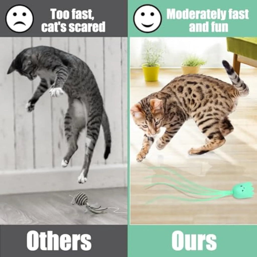 Automatic electronic cat wand toy with swinging silicone tail on a green background