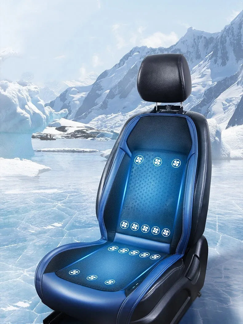 Black minimalist car seat cooling pad with USB cable for ventilation and massage functions on a car seat