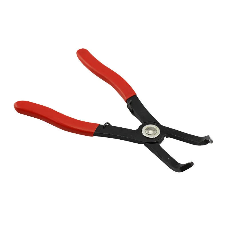 Red interior round nail removal pliers with PVC handles, jaw open, for car door clips.