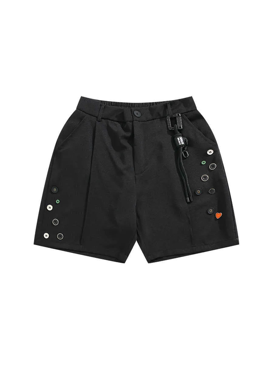 Men's black semi-elastic waist casual shorts with button and zip fly, shown in a loose, straight-leg fit.