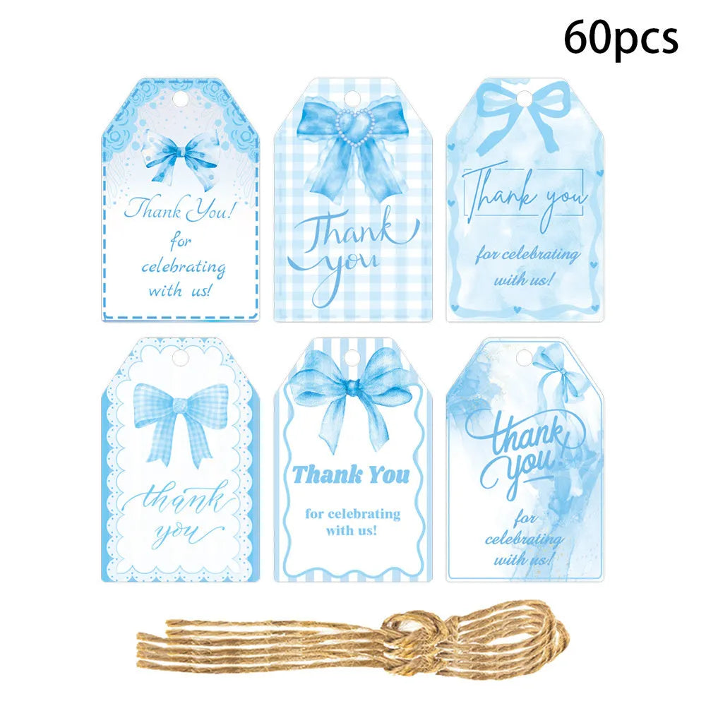 Birthday party theme gift label tags set with three design styles and hemp rope for present decoration