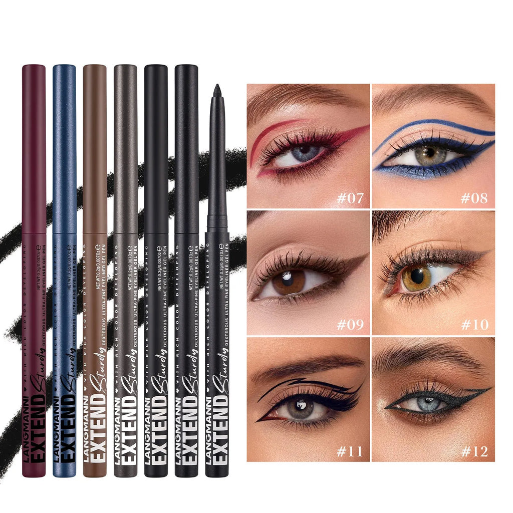 Set of 12 colourful gel glitter eyeliner pencils showing matte, metallic, pearl, and glitter finish effects