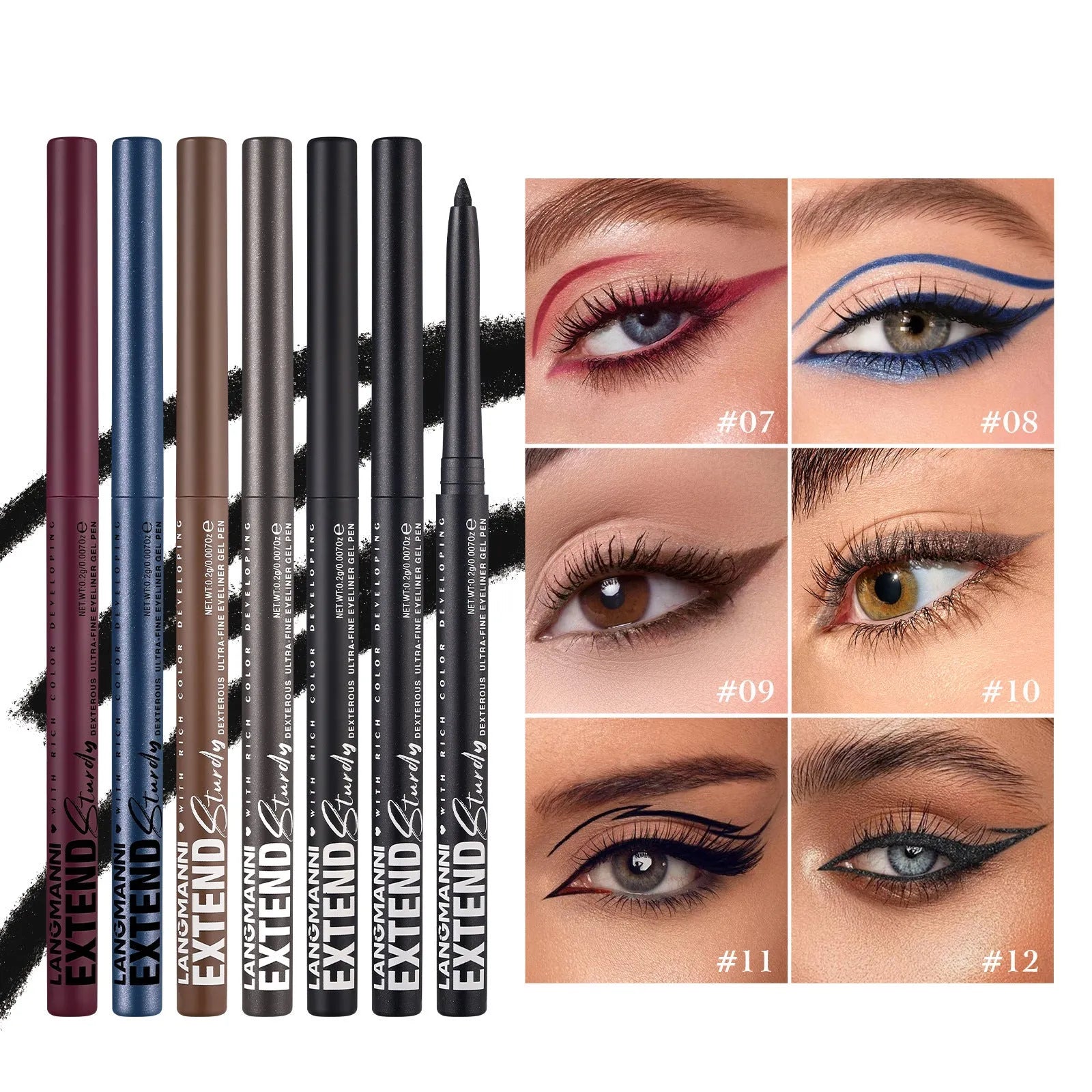 Set of 12 colourful gel glitter eyeliner pencils showing matte, metallic, pearl, and glitter finish effects