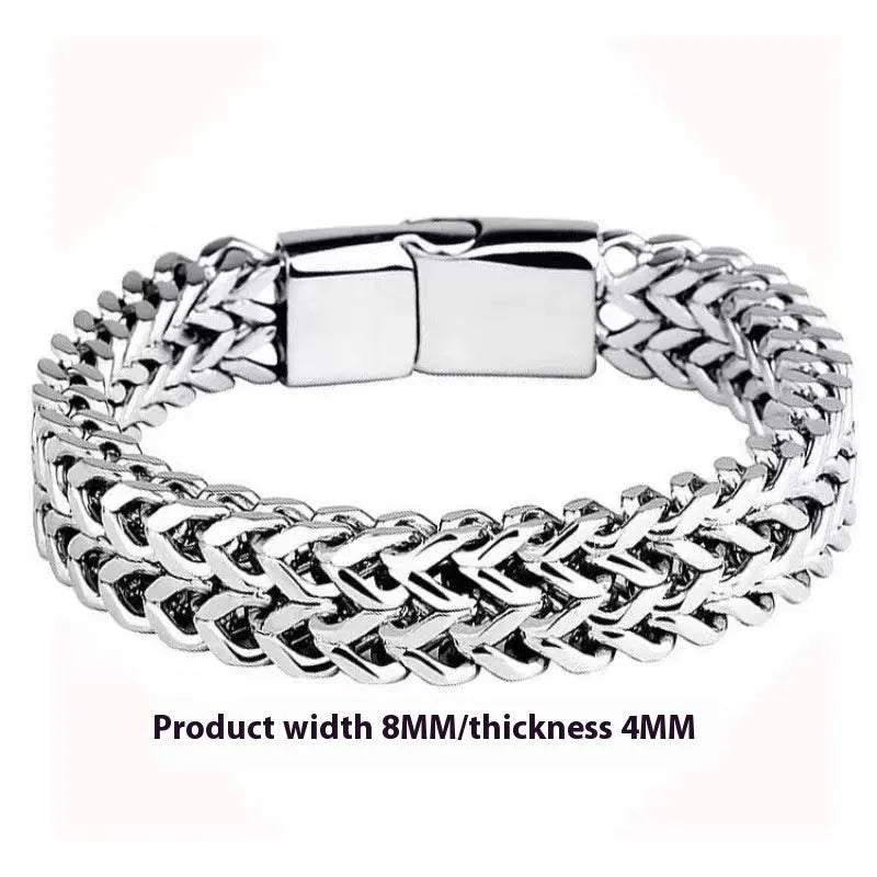 Silver geometric men's stainless steel bracelet showing front and back, with hip hop style.