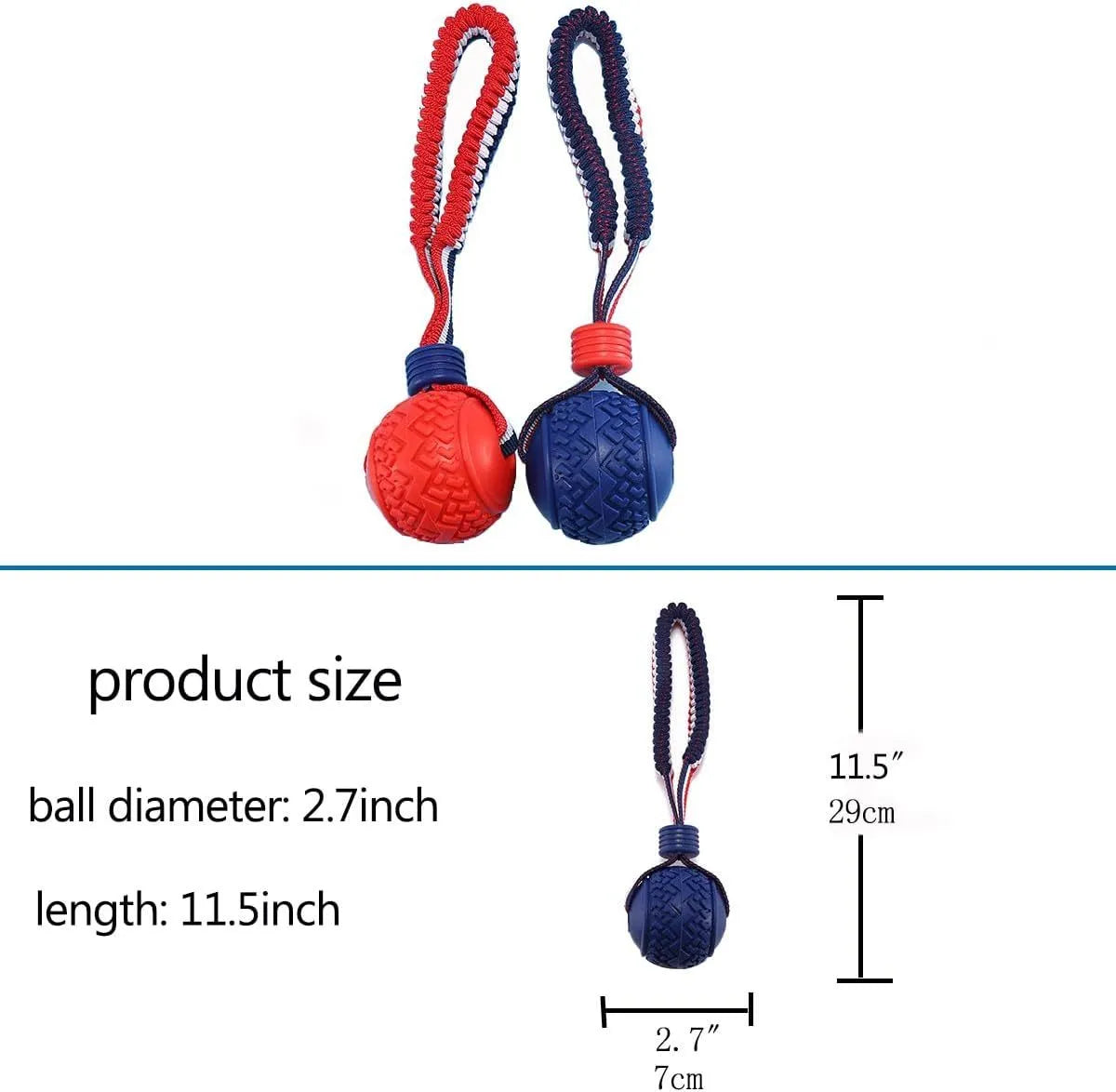 Natural rubber dog ball with rope toy in blue or red featuring textured surface for teeth cleaning