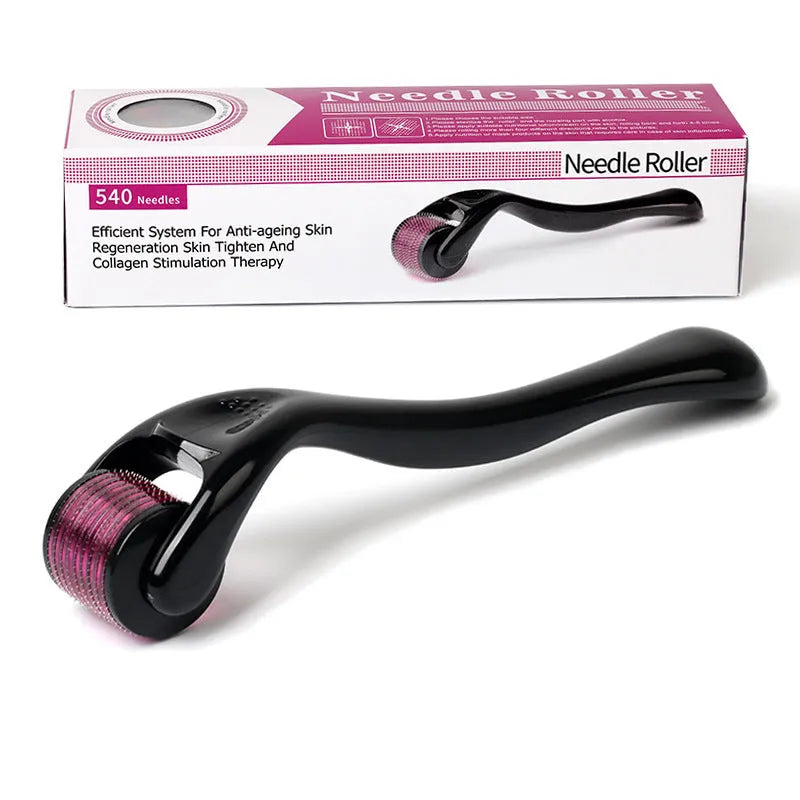 Close-up of a black derma roller showing its wheel of titanium microneedles.