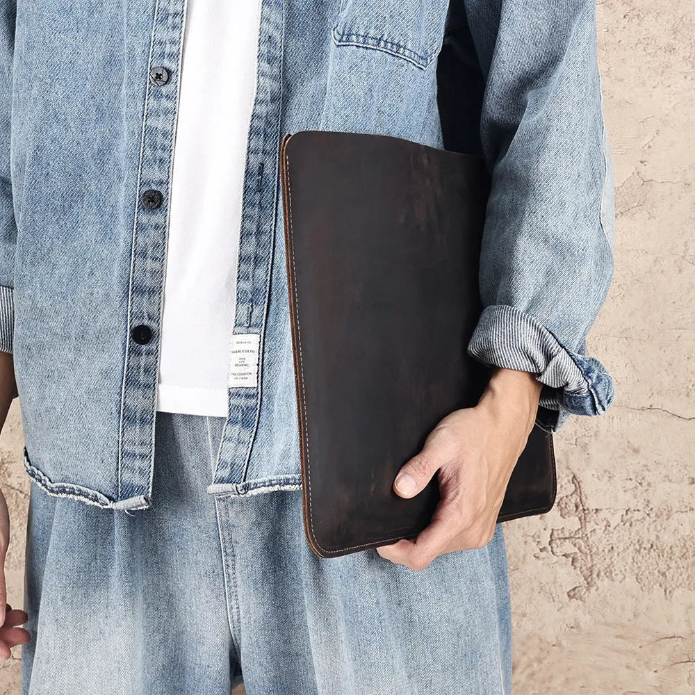 Genuine crazy horse leather computer organiser liner bag for men in brown, showing medium and large size options.
