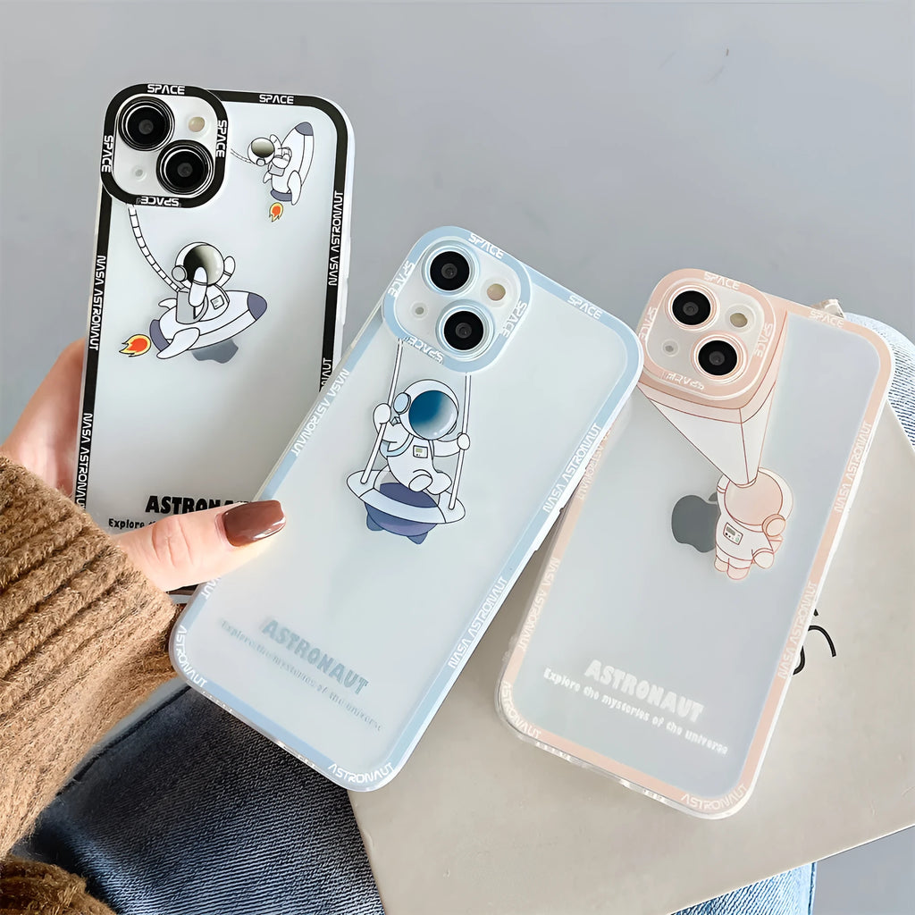 Transparent silicone iPhone case with blue astronaut print showing phone compatibility