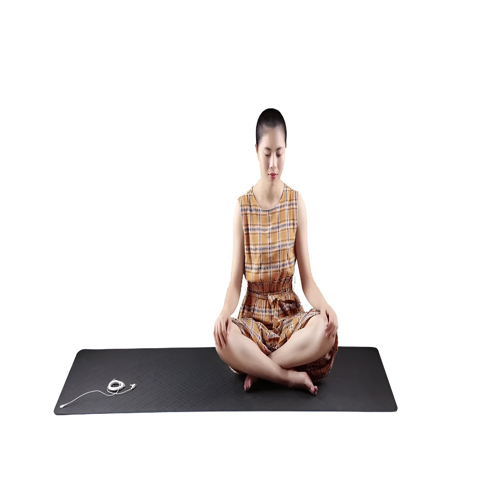 Blue conductive yoga mat with floral pattern, grounding wire, and dimensions 182x61cm.