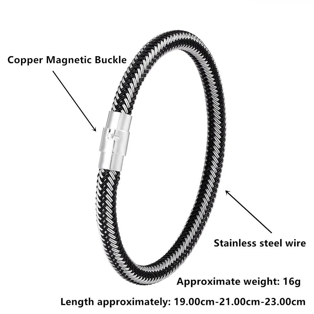 Men's geometric titanium steel wire bracelet with a magnetic clasp shown on a wrist.