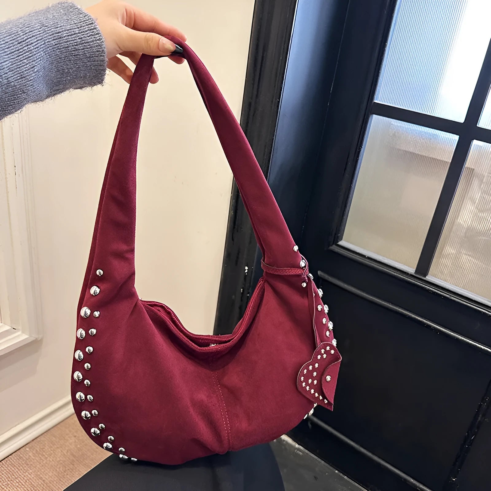 Women's soft plush tote handbag in retro styling with strapless underarm design