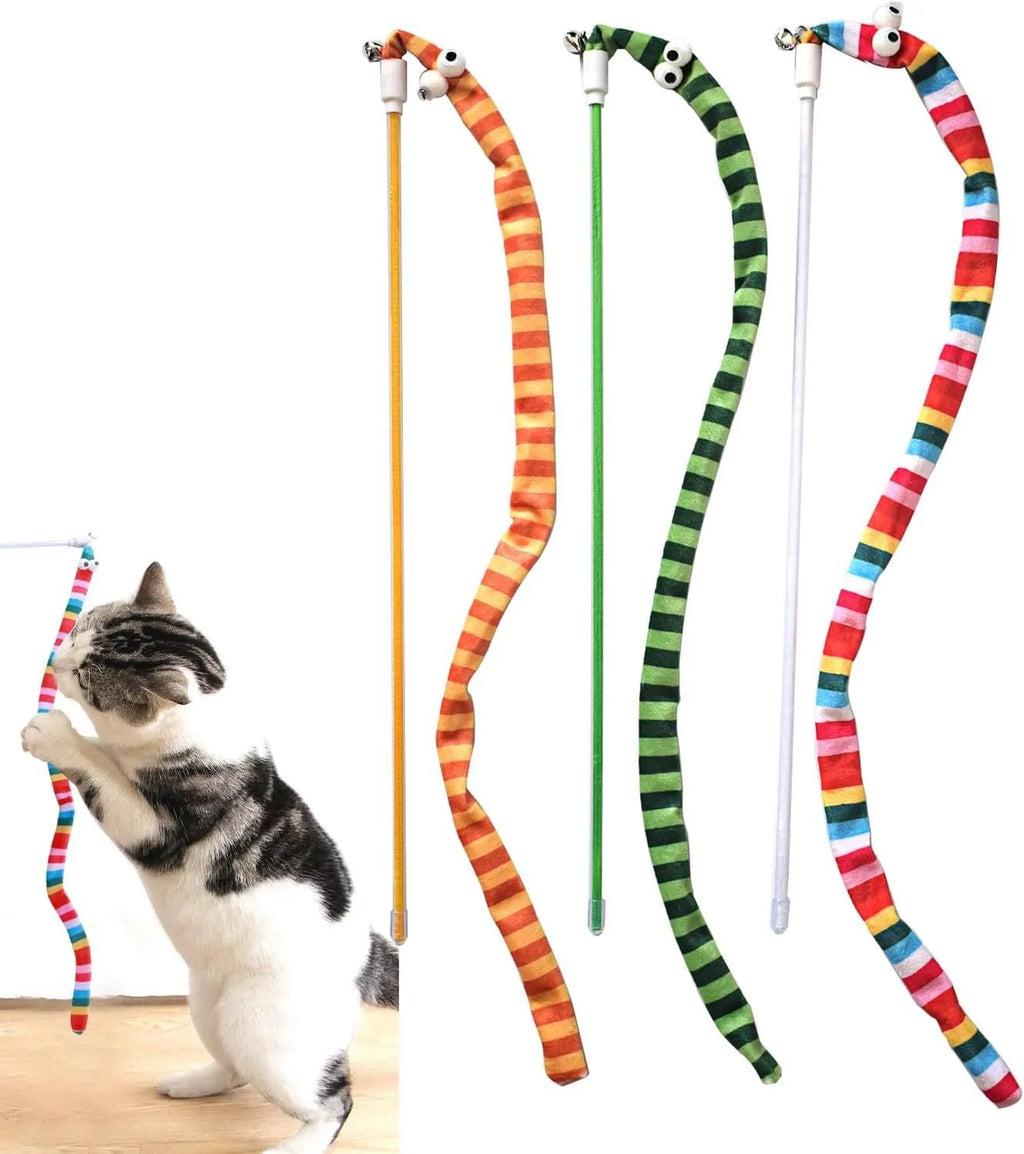Cat wand toy with polycarbonate handle and long plush strip in vibrant colours