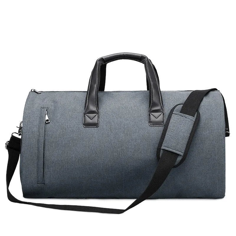 Men's oval travel bag in light grey showing internal compartments for wet-dry separation and organisation