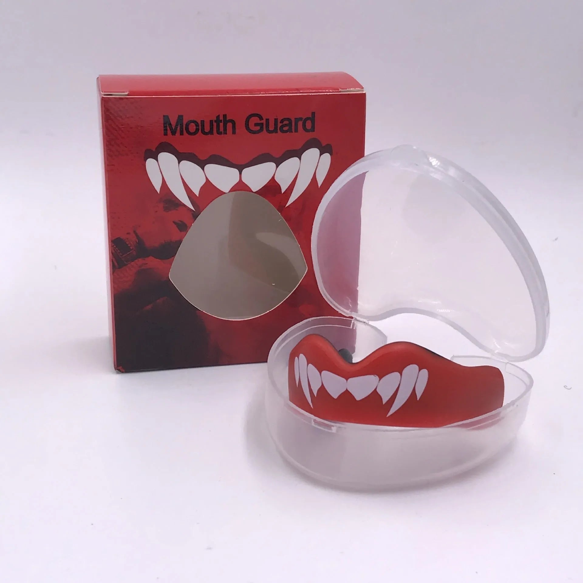 Adult boxing mouthguard with printed teeth design for martial arts and Taekwondo protection.