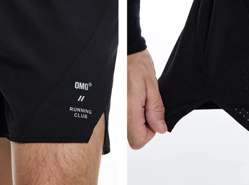 Men's black four-point stretch running shorts with laser punch stitching detail