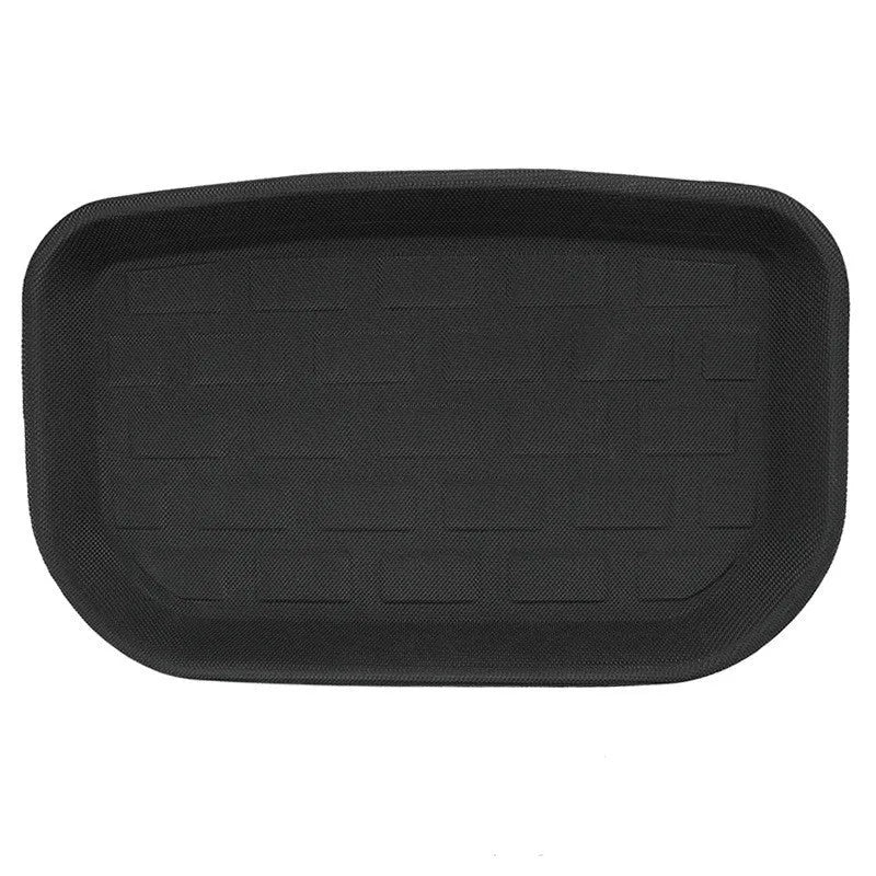 TPR floor mat set for Tesla Model Y showing footwell, storage box, and tailbox mats.