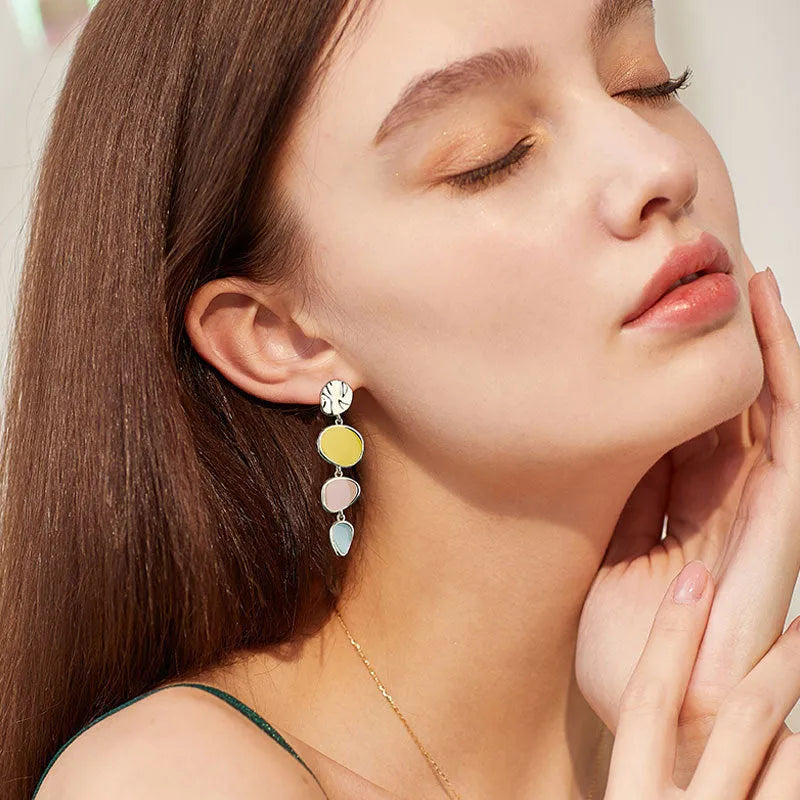 Morandi three-colour drip oil wafer earrings with sterling silver alloy construction and vintage style