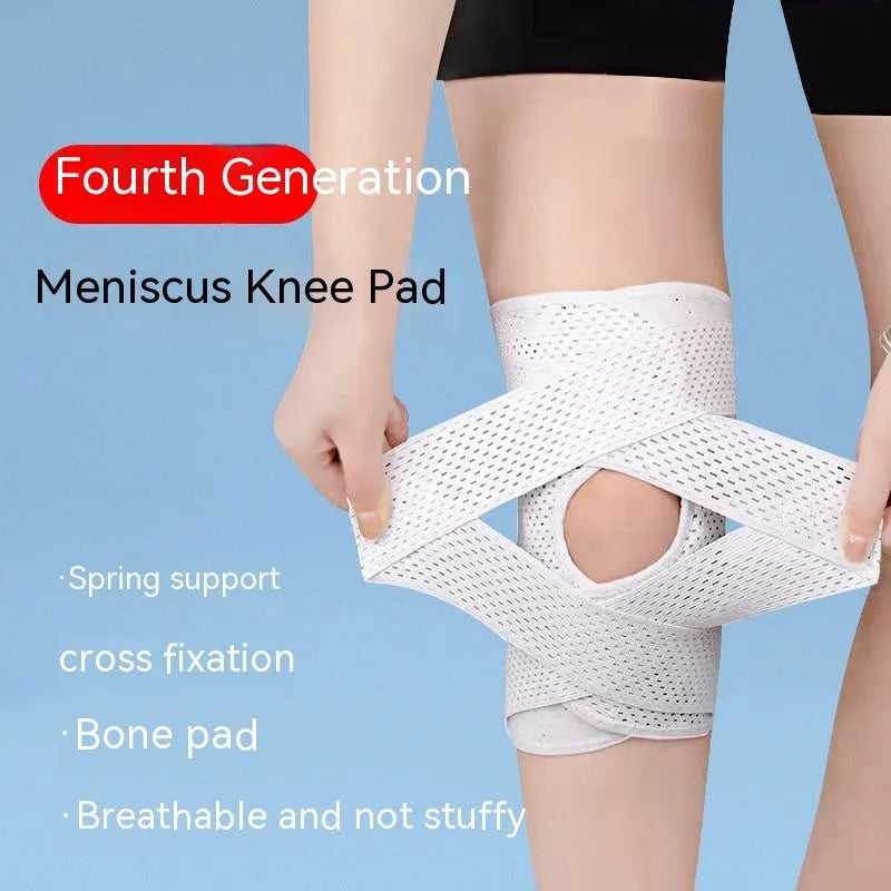Black mesh fabric knee protective sleeve for meniscus and patellar injury recovery during sports.