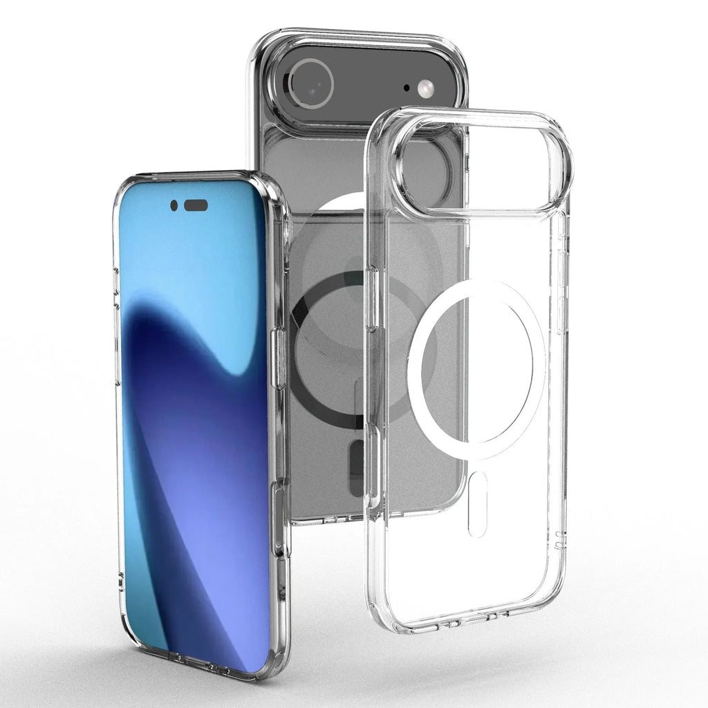 Transparent magnetic phone case for iPhone 17 Pro showing clear TPU construction with magnetic rings visible