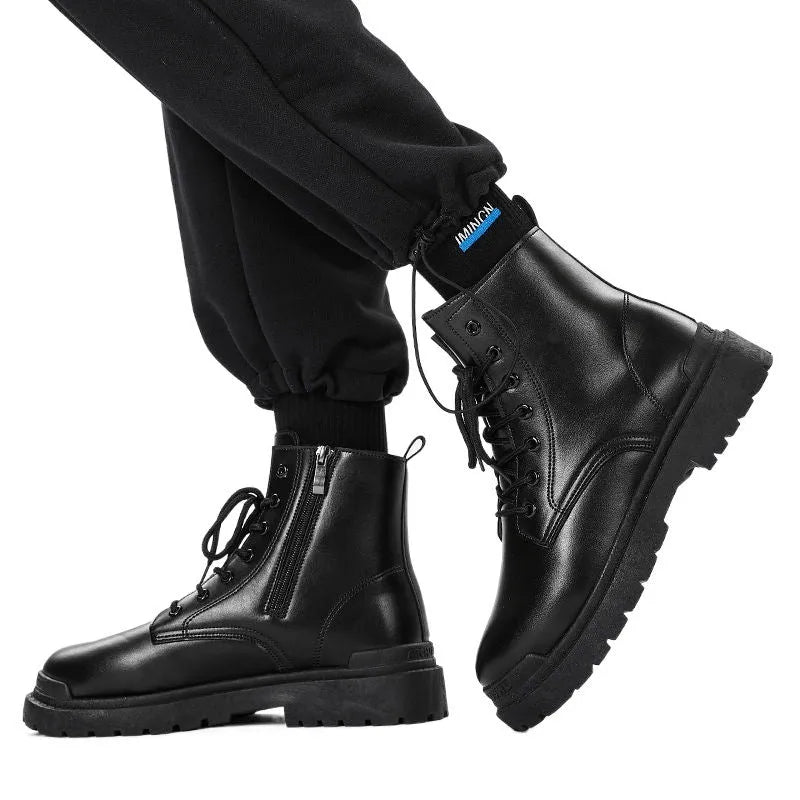 Men's black mid-top waterproof Martin boots with a rubber sole on a white background.