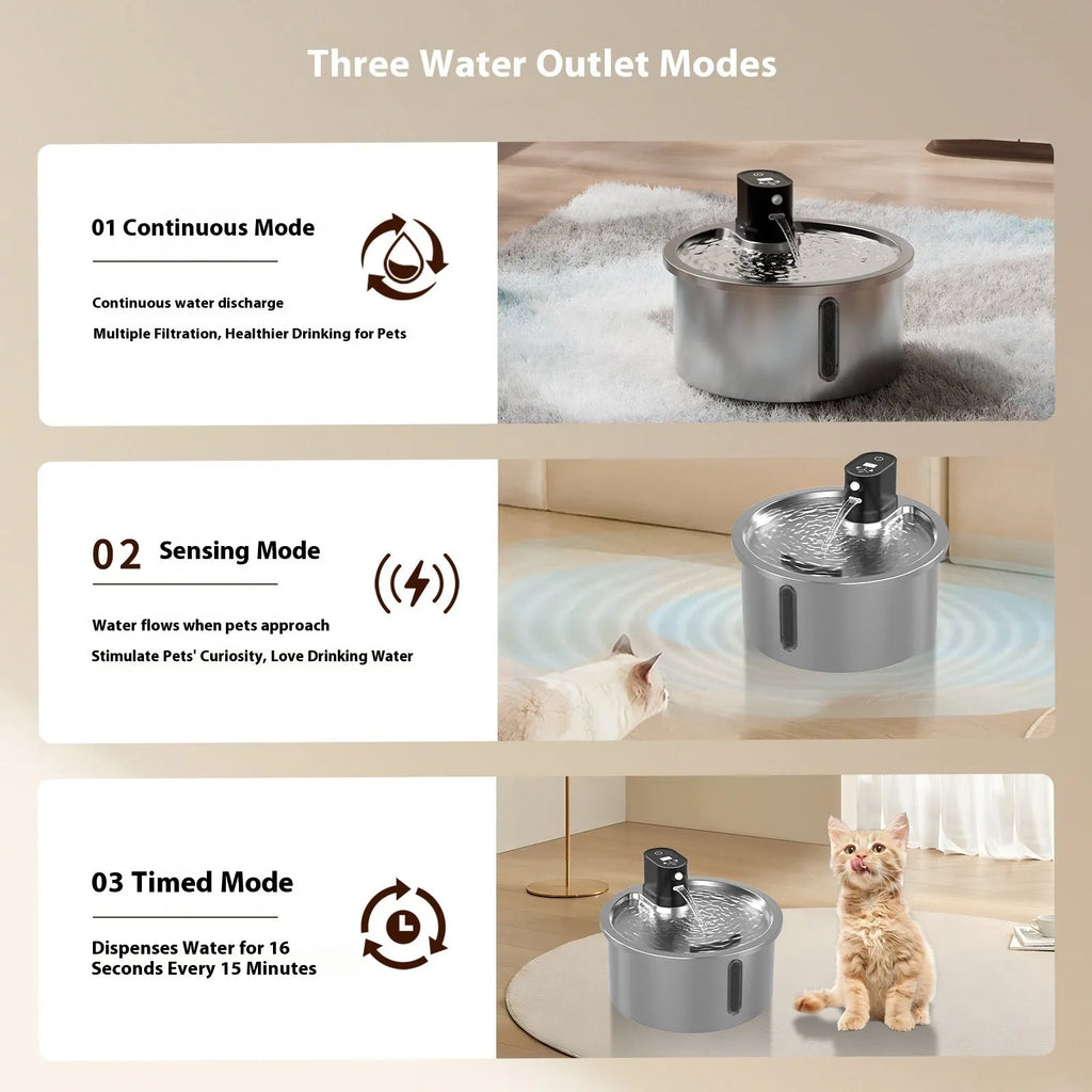 Black and white heated pet water fountain with stainless steel basin on a temperature control base.