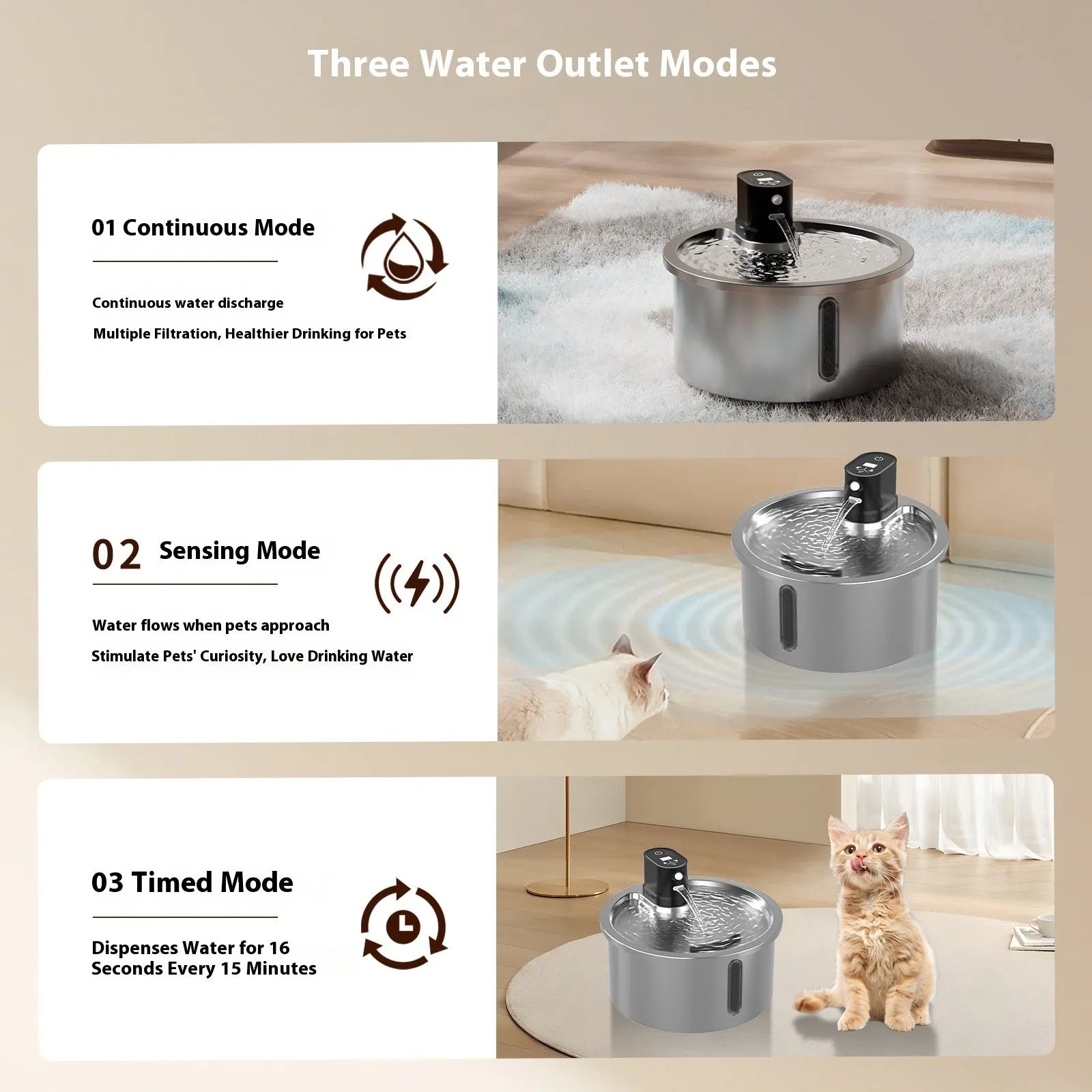 Black and white heated pet water fountain with stainless steel basin on a temperature control base.
