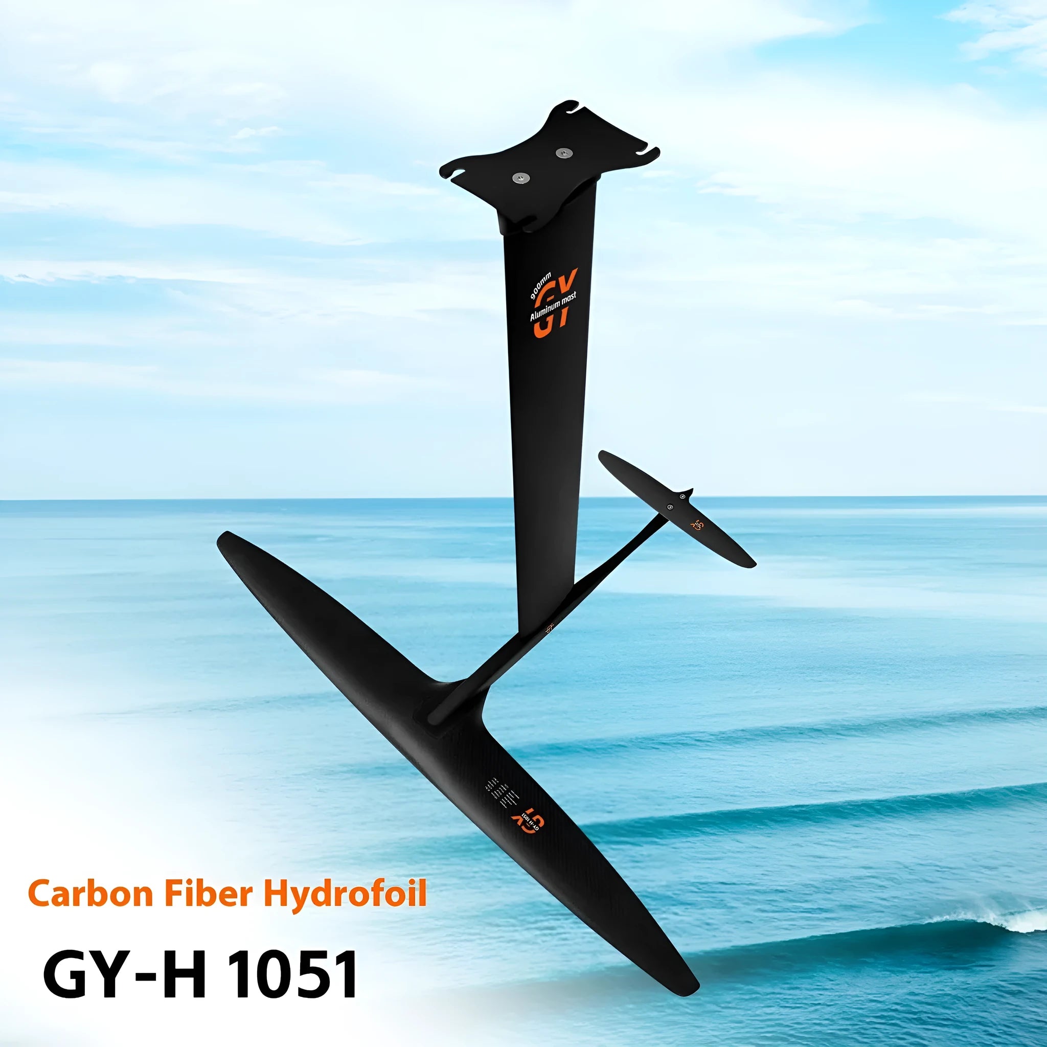 Black carbon fibre hydrofoil surfboard with aluminium alloy components for racing performance