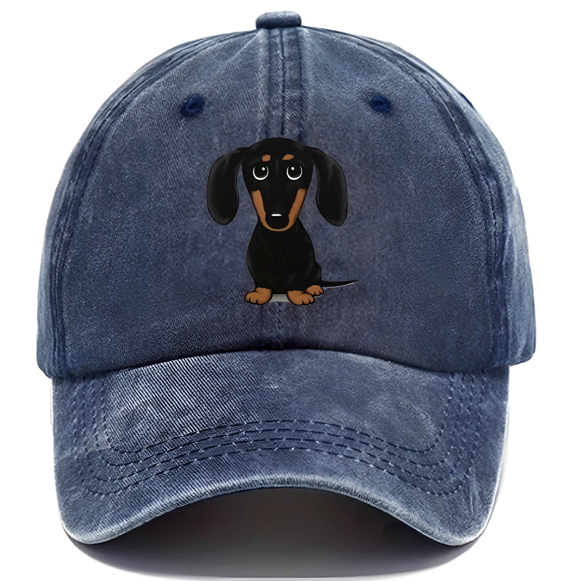 Retro washed cotton baseball cap with embroidered dachshund dog print, dome crown, peaked brim