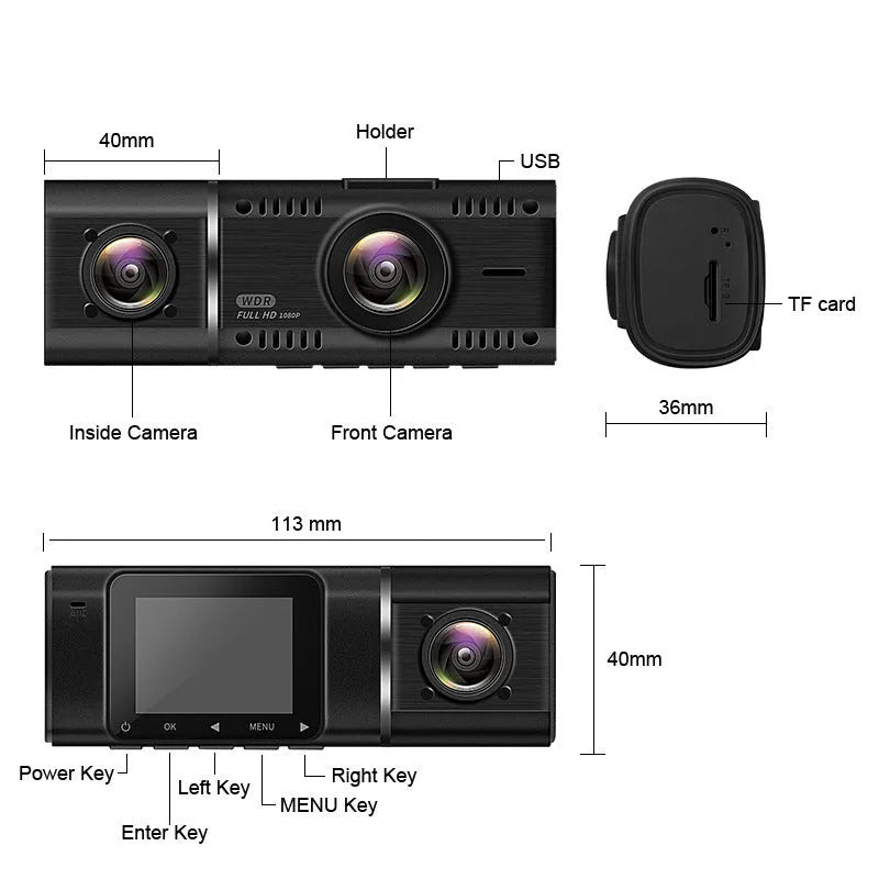 Black dual-channel dash cam on a car windscreen with front and rear recording, 1.5-inch screen.