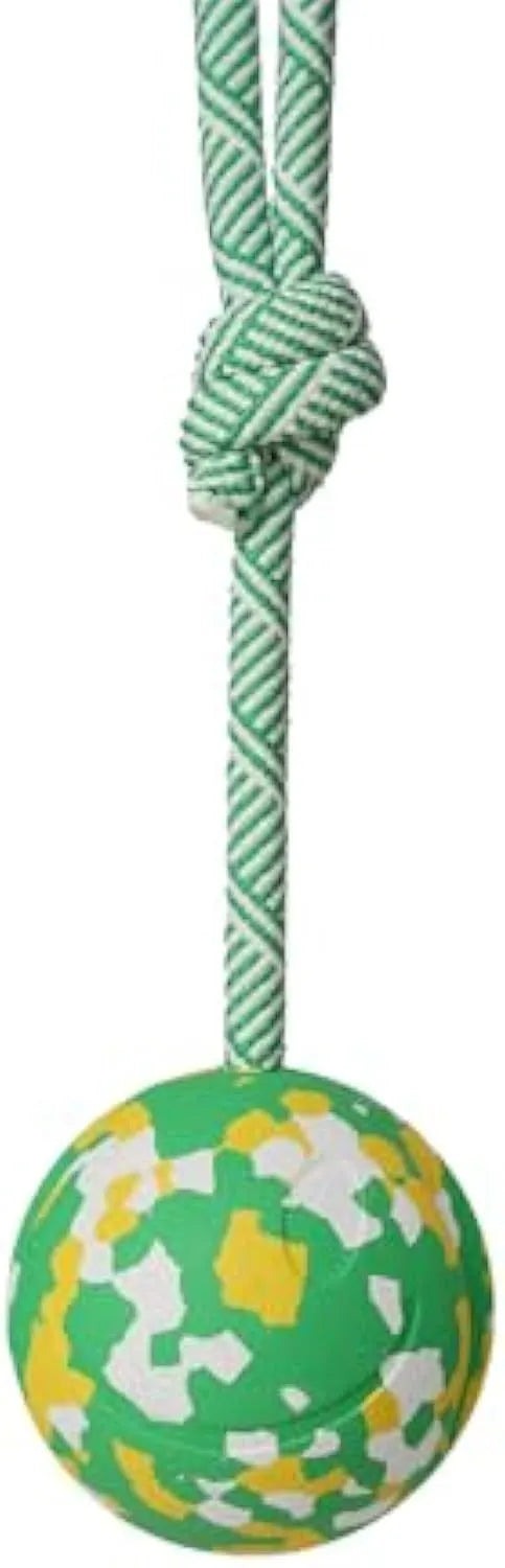 Dog rope ball toy with a solid rubber ball and attached nylon rope for fetch and tug games.